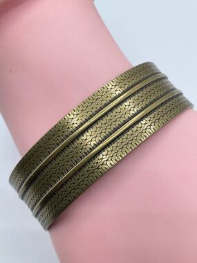 Antique Gold Tone Textured Cuff Bracelet Wide Boho Tribal Statement